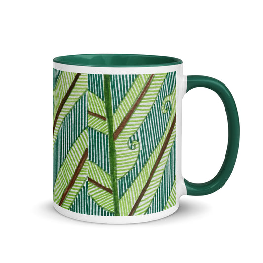 Modern Green Leaf Mug with Geometric Nature Pattern – Botanical Striped Coffee Cup – Duvencioglu