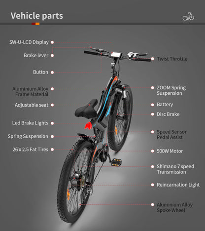 Ride Beyond Limits: 26" Electric Mountain Bike with 500W Motor & 48V Battery – Duvencioglu