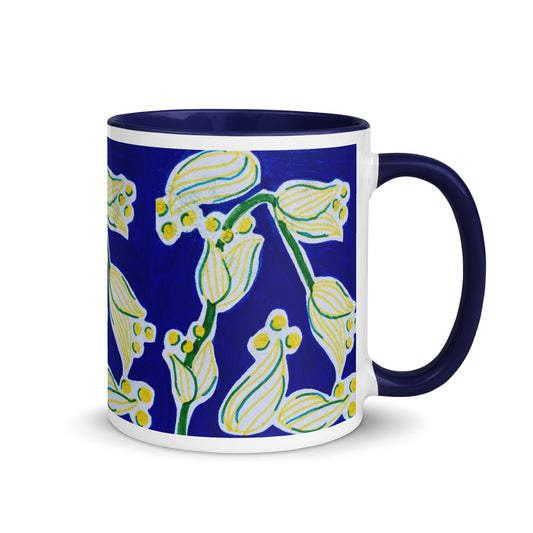 Bold Botanical Floral Mug with Yellow Leaves and Blue Background – Modern Nature-Inspired Coffee Cup – Duvencioglu