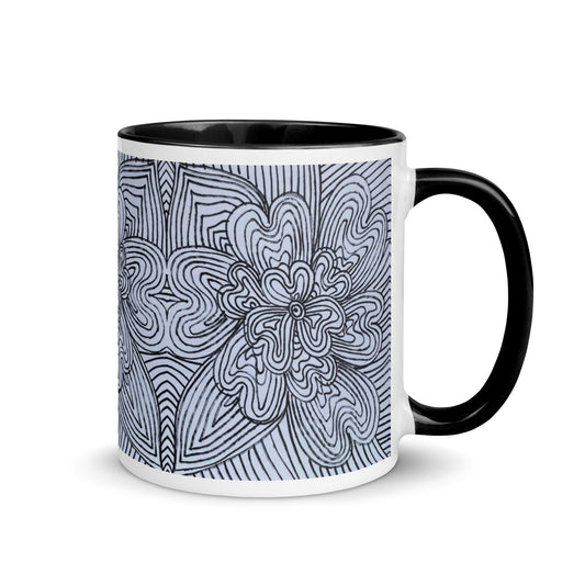 Black and White Floral Mug – Hand Drawn Abstract Flower Line Art, Minimal Botanical Coffee Cup – Duvencioglu