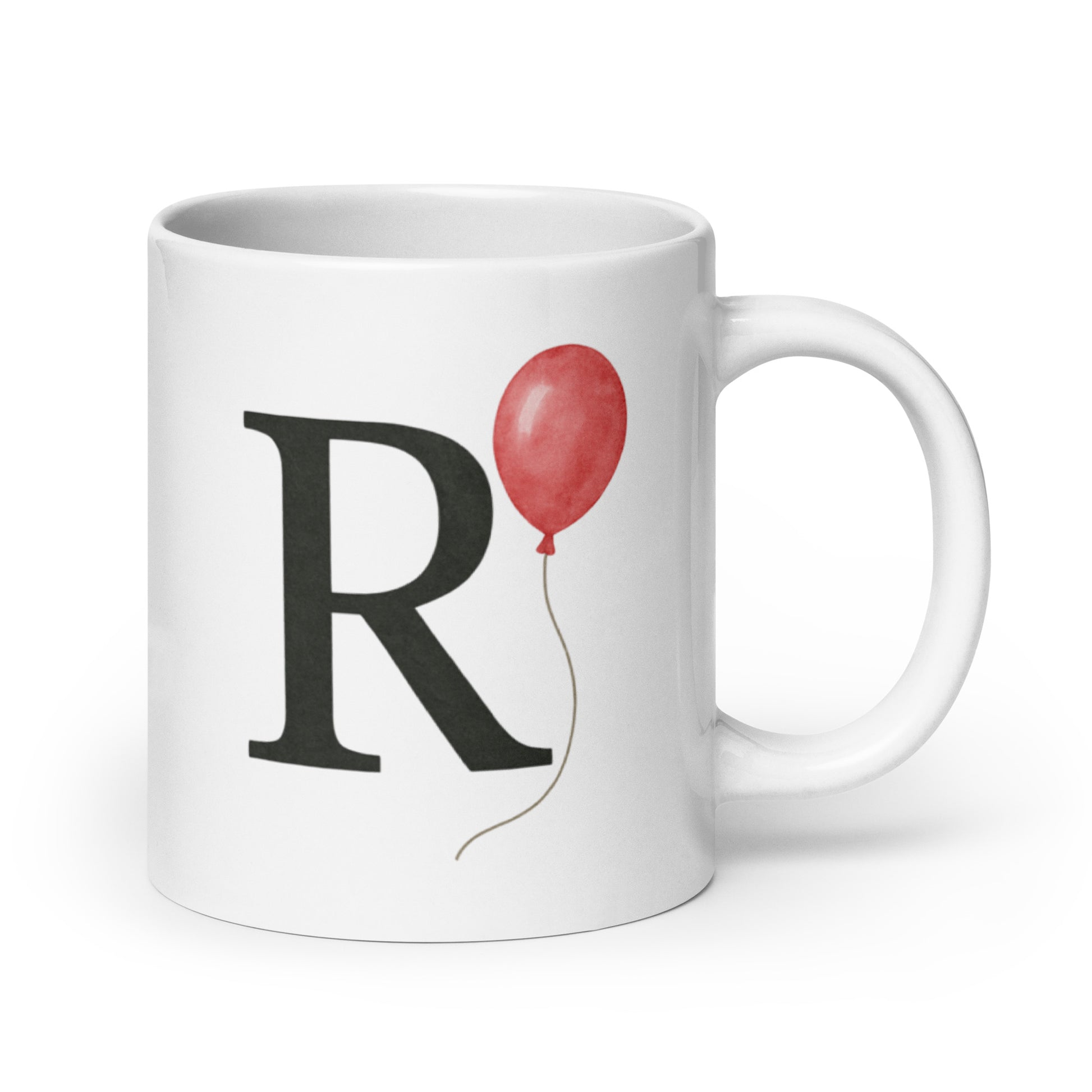 R Initial Mug with Red Balloon – Watercolor Letter R Coffee Cup – Cheerful Personalized Gift – Custom Name Mug for Her or Him – Duvencioglu