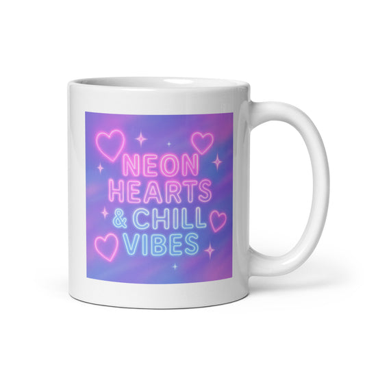 Neon Hearts and Chill Vibes Mug – Retro 90s Aesthetic Gift for Soft Souls – Duvencioglu