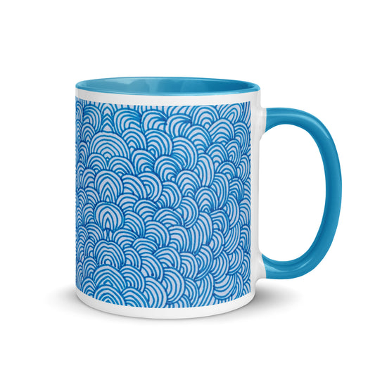 Minimal Blue Wave Pattern Mug – Modern Hand-Drawn Ocean Shell Lines Design – Duvencioglu