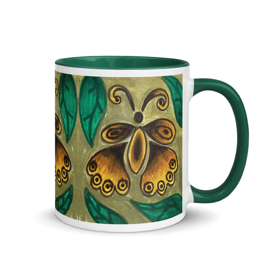 Vintage Butterfly Mug – Olive Green Background with Brown & Gold Kawaii Insect Art – Duvencioglu