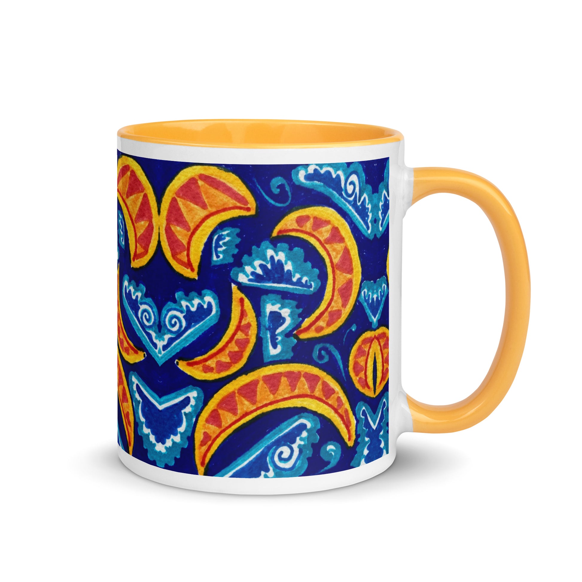 Bold Crescent Pattern Mug – Hand Drawn Folk-Inspired Moon and Wave Design, Vibrant Artistic Coffee Cup – Duvencioglu