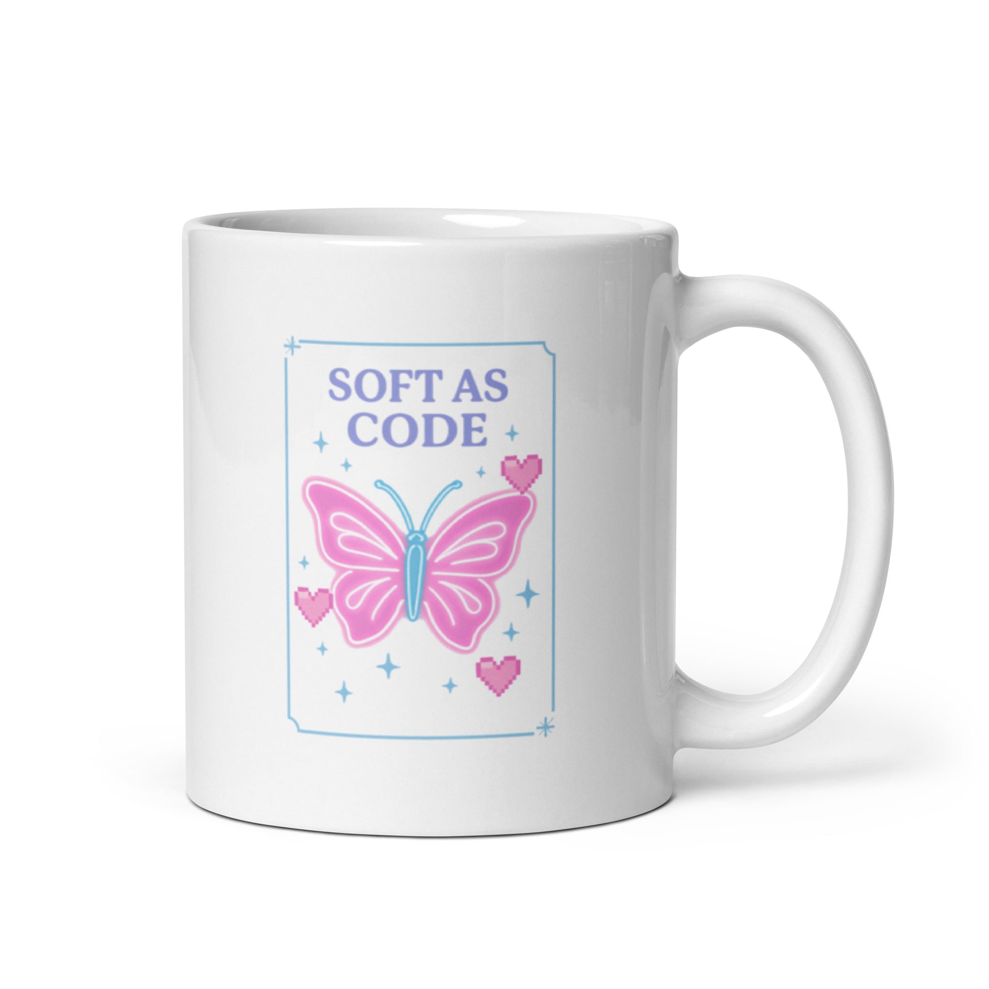 Neon Butterfly & Pixel Heart Mug – Soft Glow Retro Web Aesthetic Gift – Duvencioglu