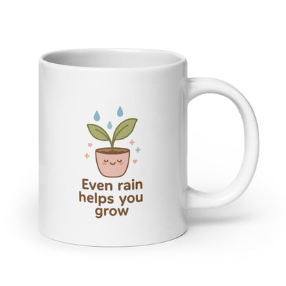 Even Rain Helps You Grow Mug – Kawaii Plant Illustration, Positive Healing Gift, Cute Pastel Self Care Cup-Duvencioglu