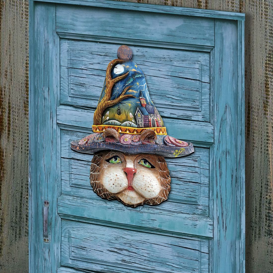 "Halloween Eve Cat" Wooden Door Hanger - Thanksgiving & Halloween Decor by G. DeBrekht (Made in USA) – Duvencioglu