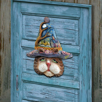 "Halloween Eve Cat" Wooden Door Hanger - Thanksgiving & Halloween Decor by G. DeBrekht (Made in USA) – Duvencioglu
