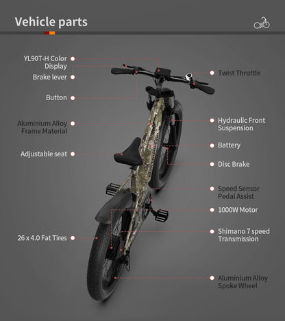 Conquer Any Trail: 26" Fat Tire Electric Bike with 1000W Motor & 52V Battery – Duvencioglu