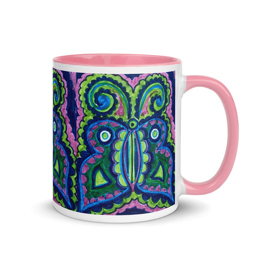 Psychedelic Butterfly Mug with Retro Green and Purple Design – Colorful Boho Coffee Cup – Duvencioglu