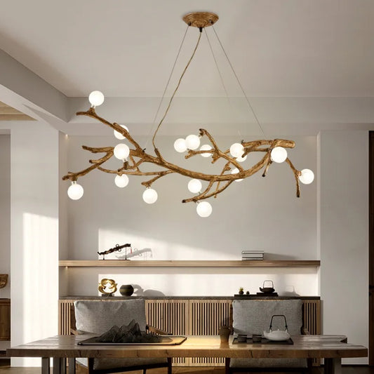 Zen Wabi-Sabi Resin Tree-Branch LED Chandelier – 10-Head Warm Light Pendant – Duvencioglu