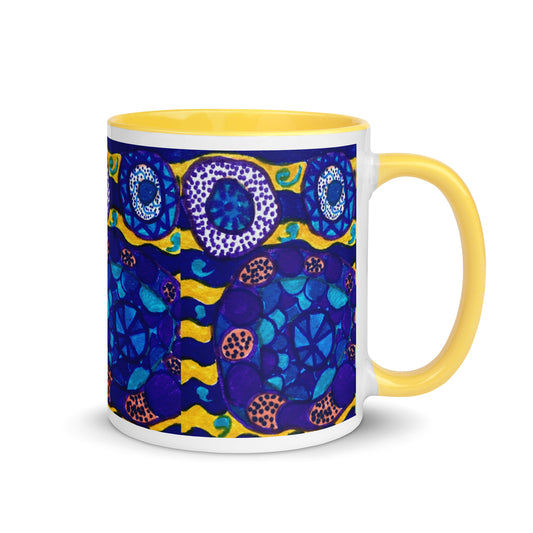 Underwater Mandala Mug – Ocean Inspired Abstract Sea Pattern in Blue & Gold – Duvencioglu
