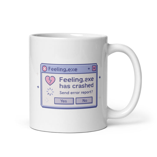 Feeling.exe Crashed Mug – Retro Error Message Aesthetic – Y2K Glitch Heart Design – Funny Sad Pixel Coffee Cup – Duvencioglu