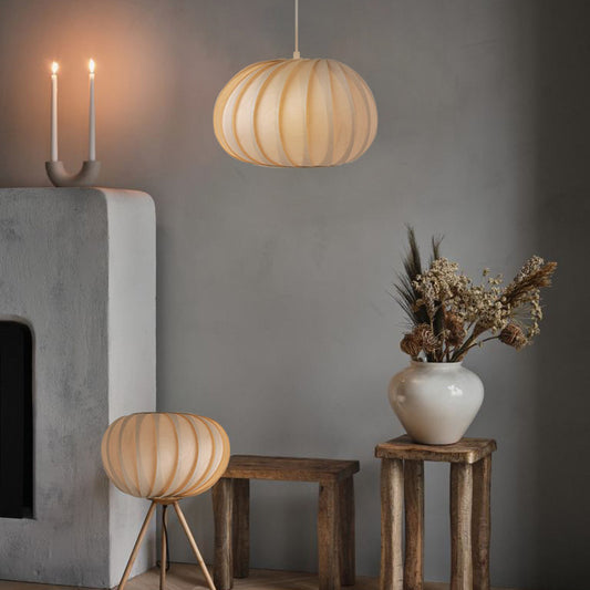 Japanese Nordic Pumpkin Lantern Chandelier – Wooden LED Pendant (Ø27×H17 cm) – Duvencioglu