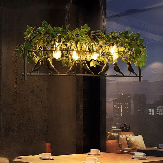American Walnut & Iron Bar Chandelier – Bird Accent Pendant – Duvencioglu