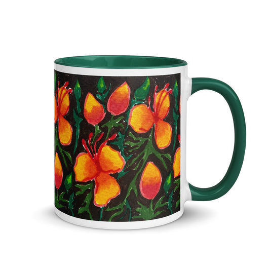 Tropical Flame Flower Mug – Vibrant Orange Petals on Dark Jungle Background – Duvencioglu