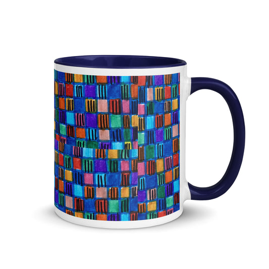 Color Grid Pattern Mug – Hand Drawn Abstract Squares Cup, Bold Retro Style Checkered Coffee Mug – Duvencioglu