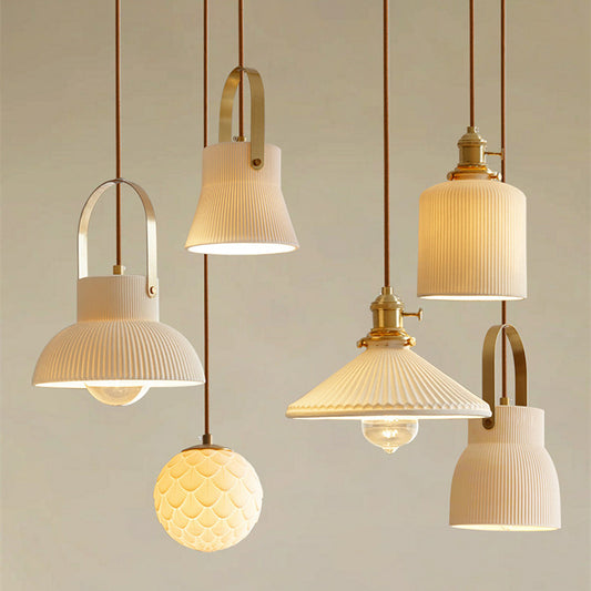 Nordic–Japanese Porcelain LED Chandelier – Brass & Ceramic Pendant – Duvencioglu