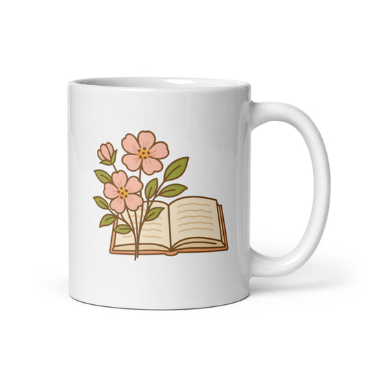 Soft Blossoms and Open Book Mug – Dreamy Reading Moment Design – Cozy Cottagecore Coffee Cup – Book Lover Gift Idea – Duvencioglu