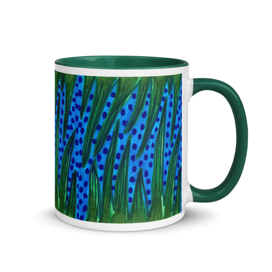 Abstract Nature Mug – Bold Green Leaf & Blue Polka Dot Pattern, Modern Botanical Coffee Cup Gift – Duvencioglu