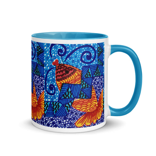 Abstract Ocean Fish Mug with Blue Waves and Geometric Blocks – Colorful Sea Life Coffee Cup – Duvencioglu