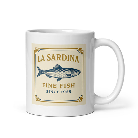 La Sardina Mug – Vintage French Fish Label Design, Coastal Kitchen Ceramic Gift – Duvencioglu