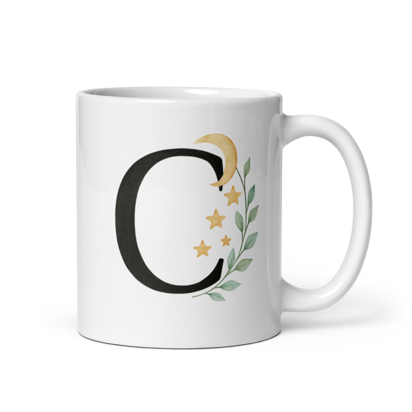 C Initial Mug with Crescent Moon – Watercolor Letter C Cup – Custom Celestial Gift for Her – Personalized Night Sky Coffee Mug – Duvencioglu