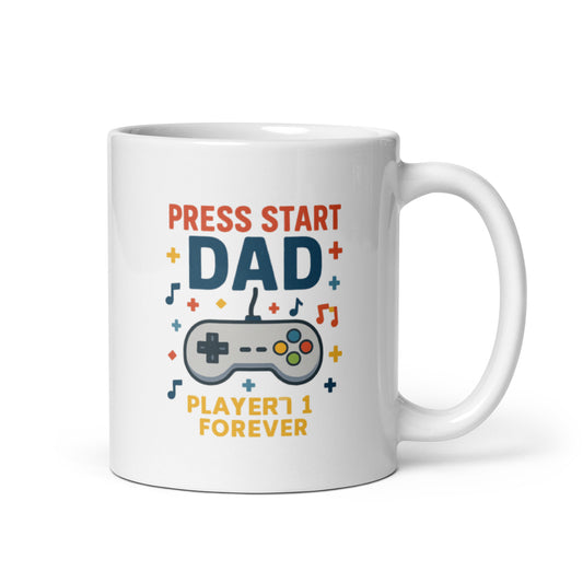 Retro Gamer Dad Mug – Press Start Dad Player 1 Forever Design – Father's Day Gift for Gamer Dads – Nostalgic Coffee Cup – Duvencioglu