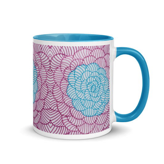 Geometric Flower Mug – Hand-Drawn Spiral Petal Design in Blue and Purple Lines – Duvencioglu